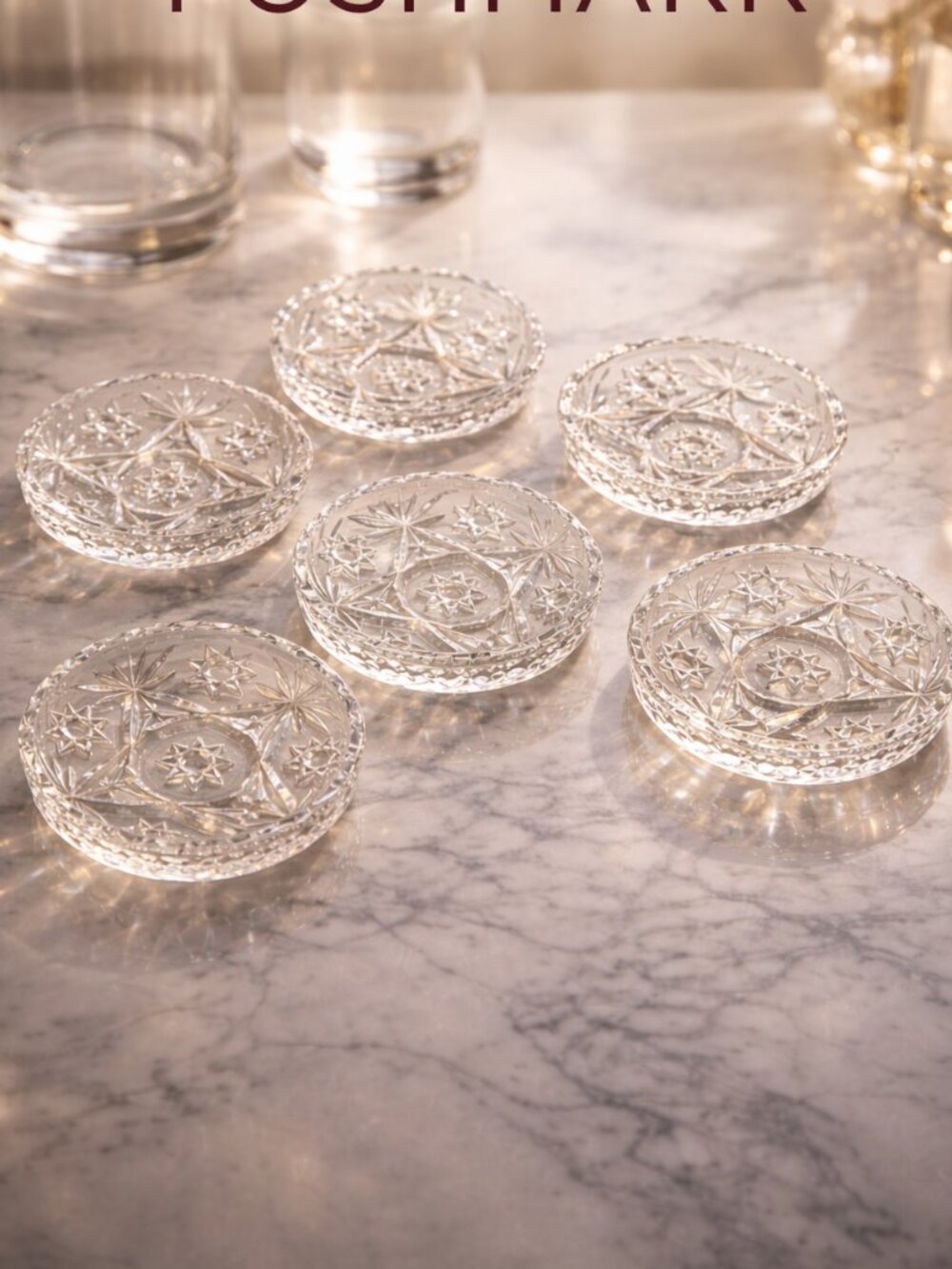 Elegant Cut Glass Coaster Set (6) – Starburst Pattern, Vintage Style